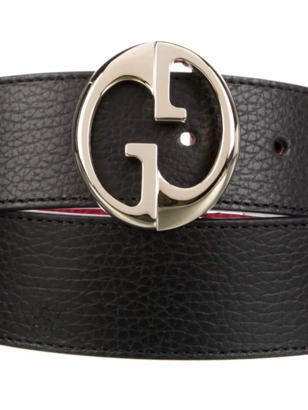 Gucci Black Leather Belt with Silver Double G Buckle and Red Lining